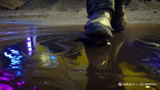 "A single continuous tracking shot with cinematic immersion. Begin with an extreme close-up of a weathered astronaut boot sinking into a reflective oil-slicked puddle, distorted ripples radiating across the surface. The camera slowly tilts upward with dramatic reveal - a battered space suit bearing scorch marks and cracked visor reflections. Follow the astronaut's labored footsteps through post-apocalyptic ruins where crumbling skyscrapers with exposed neon circuitry pierce acid-yellow clouds. 

Dynamic camera movement sweeps past sparking mech wrecks half-buried in ashen soil, their severed cables crackling with blue plasma arcs. Towering holographic billboards flicker with glitching Kanji characters as a squadron of matte-black VTOL gunships roar overhead, their turbine wash whipping up debris vortices. 

Emphasize hyper-realistic textures: rain-beaded visor refraction, carbon-scored armor plating with individual scratch details, photorealistic smoke plumes curling from collapsed megastructures. Use dramatic chiaroscuro lighting - neon magenta from hologram ads clashes with sodium-vapor streetlights cutting through smog. 

Incorporate parallax movement: foreground mech carcasses smoldering with orange embers, midground astronaut trudging past flickering energy barriers, background skytrains snaking through floating debris fields. Maintain seamless camera flow using drone-shot perspective transitioning to Steadicam follow, ending on wide vista of the astronaut's silhouette dwarfed by a collapsing orbital elevator engulfed in electrical storms, all rendered in 8K HDR with ray-traced reflections and atmospheric scattering." by Hailuo AI Video Generator