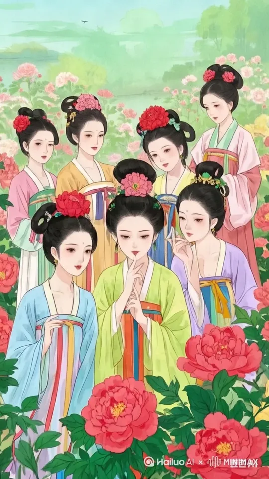 美美女们有说有笑，互相对视。用手轻轻抚摸着花。 by Hailuo AI Video Generator