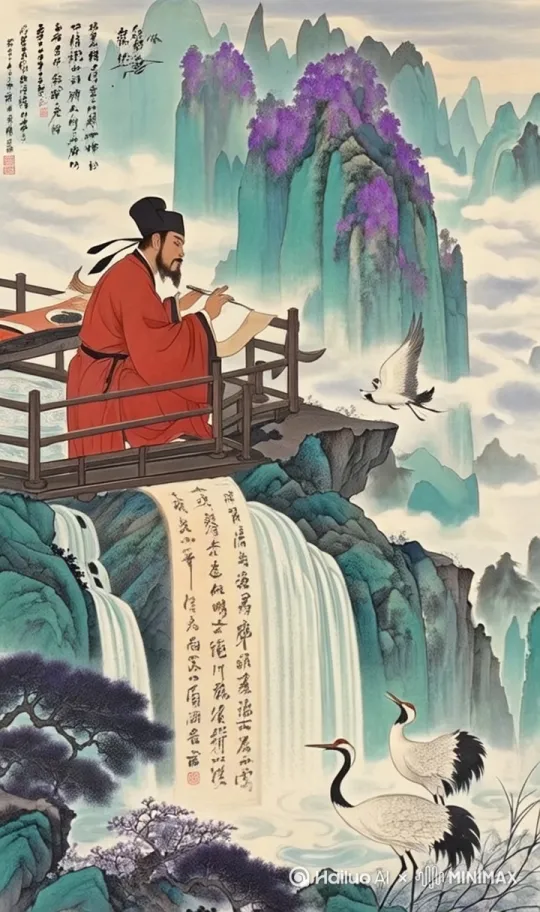 "镜头从山脚竹林快速拉升，露出瀑布全景时触发0.5秒冻结帧，添加[云雾爆破特效 density=0.8]，李白剪影在右下角挥袖转身，瀑布开始流动时同步出现金色诗句擦除入场效果--motion 5 --zoom 1.2" by Hailuo AI Video Generator