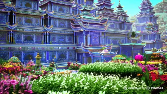 极乐世界的宫殿楼阁，皆由七宝自然化成，庄严华丽。楼阁层层叠叠，错落有致，每一层都有独特的景观。宫殿周围环绕着各种奇花异草。 by Hailuo AI Video Generator