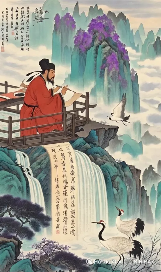 "镜头从山脚竹林快速拉升，露出瀑布全景时触发0.5秒冻结帧，添加[云雾爆破特效 density=0.8]，李白剪影在右下角挥袖转身 by Hailuo AI Video Generator