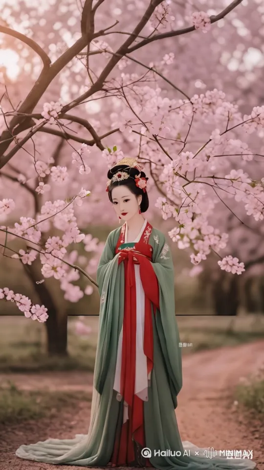 身姿轻旋若流风回雪，广袖舒展似云卷霞飞，玉臂柔折如柳枝摇曳；莲步轻点，足尖辗转间步步生莲；纤手成兰花指，扬手翻腕若蝶舞翩跹，低眉垂目含春水般温婉；腰肢软折，回腰甩袖时带起衣袂飘飖，配合身后繁花树影，似将春日诗意融于舞韵之中，一颦一动皆显东方古典韵律之美。 by Hailuo AI Video Generator