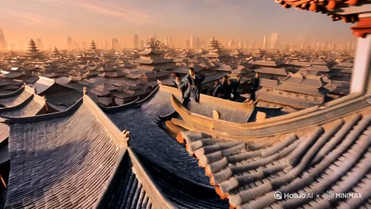 生成一个中国古代武侠飞檐走壁的场景视频 by Hailuo AI Video Generator