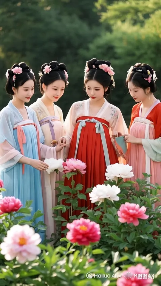 美美女们有说有笑，互相对视。用手轻轻抚摸着花。[左移,右摇,跟随] by Hailuo AI Video Generator