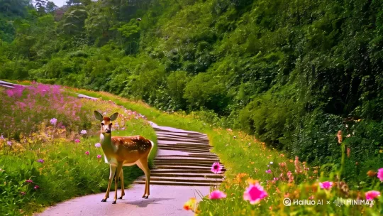 森林里一条弯曲的台阶小路，路上有只梅花鹿，小路两边鲜花盛开，空中还有一只鸽子 by Hailuo AI Video Generator