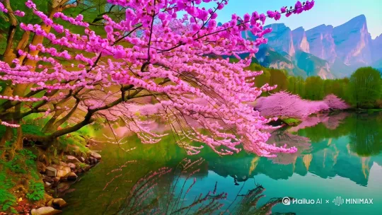 江江湖伴山中桃花盛开，一片鲜艳，桃花倒影在水中美如仙境，彩蝶飞舞。 by Hailuo AI Video Generator