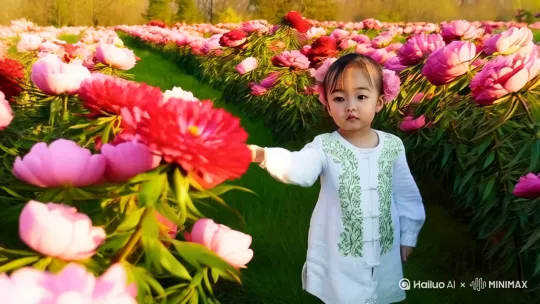 小女孩儿来到牡丹花园牡丹花开着各种颜色，非常漂亮。在观赏着牡丹花。生成比例9:16。 by Hailuo AI Video Generator