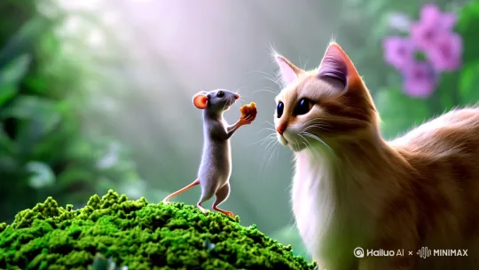 一只老鼠给猫喂饭， by Hailuo AI Video Generator
