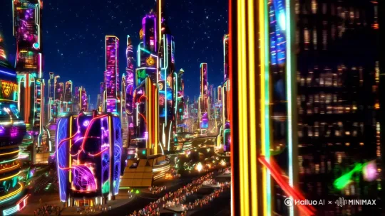 未来科幻都市的夜间景象[左移,推进,右摇] by Hailuo AI Video Generator