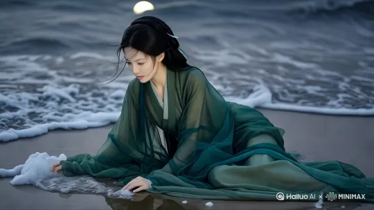 女子趴向沙地，表情忧伤，海浪拍打沙滩[推出,上升,下摇] by Hailuo AI Video Generator