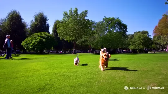 金毛犬在公园草坪上和苏格兰高地梗，贵宾犬，一起玩耍了一分钟[推出,上升,下摇][右摇,左移,下降] by Hailuo AI Video Generator