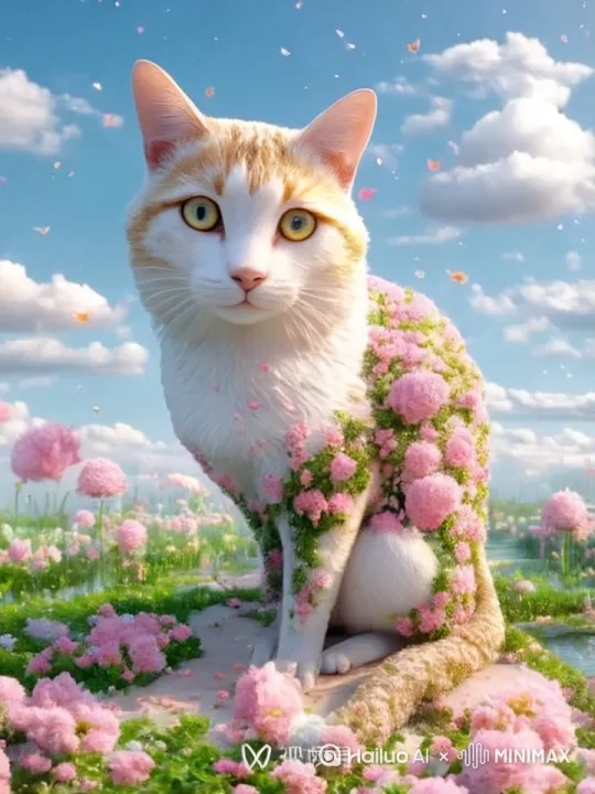 猫咪在这片花海里跳舞，朝前走，边走边跳舞 by Hailuo AI Video Generator