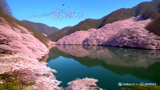 江江湖伴山中桃花盛开，一片鲜艳，桃花倒影在水中美如仙境，彩蝶飞舞。 by Hailuo AI Video Generator
