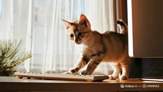刂小猫玩电脑。[推出,上升,下摇] by Hailuo AI Video Generator