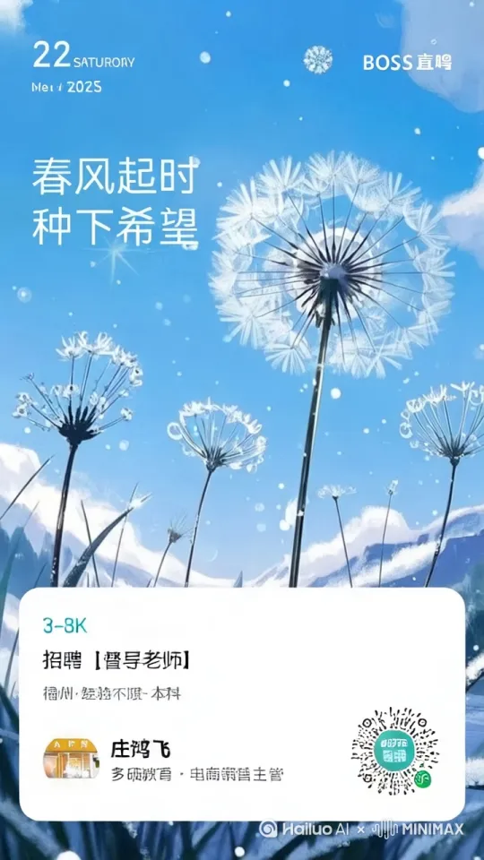 💡 我们期待这样的您
▫️ 本科及以上学历，相关专业优先；
▫️ 热爱教育事业，责任心强，沟通能力佳；
▫️ 有教学经验者优先，优秀应届生可培养；
▫️ 熟悉[当地教材/考试体系]者加分。
✨ 您的职责
✅ 高效完成备课、授课及课后服务，提升学生成绩与学习兴趣；
✅ 定期与家长沟通，反馈学生学习情况；
✅ 参与教研活动，优化教学内容与方法；
✅ 关注学生心理健康，助力全面成长。
🔥 教育不是灌输，而是点燃火焰！
在这里，您的每一份付出都能看见成长；
在这里，您的教育理想将落地生花！
期待与您携手，为更多孩子创造美好未来！ by Hailuo AI Video Generator
