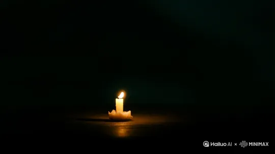 一直在黑夜中点燃的蜡烛，火苗摇摇晃晃，最后一只黑猫跳过来，带出的风吹灭了火苗 by Hailuo AI Video Generator