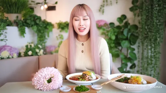 一个穿着裙子的可爱女人坐在餐厅里面，，头发是淡淡的粉色，发型是长发加齐刘海，先朝着镜头温柔挥手，然后用手势对着镜头表示快过来坐，餐厅的装修风格是小清新，墙上有绿植和花朵，女人的餐桌上也有淡雅色的花束放着，还有两个日式料理 by Hailuo AI Video Generator