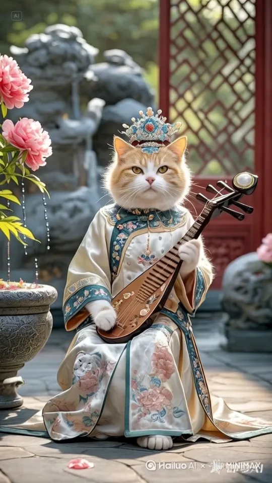 小猫咪弹琵琶，主体动态呈现，自然，真实，镜头拉近，特写弹琵琶镜头 by Hailuo AI Video Generator