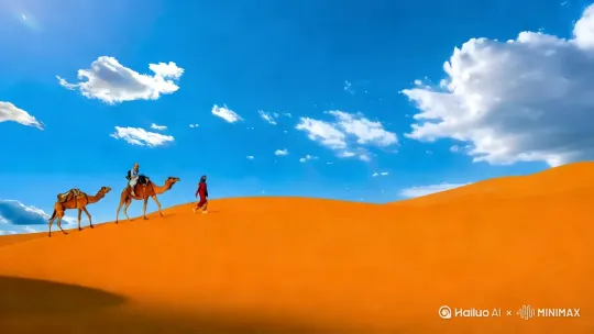 镜头不变，让人物和骆驼向前缓慢行走，光线不变，色彩不变，不要加任何效果 by Hailuo AI Video Generator
