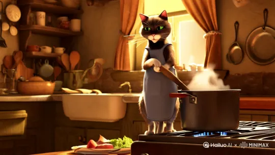 一只猫猫在炒菜，另一只猫猫在准备吃饭，时间长度2分钟 by Hailuo AI Video Generator