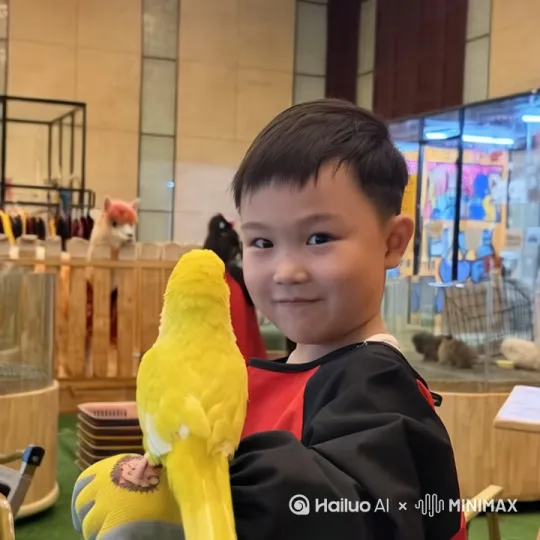 一个男孩玩着动物，原地不动，反向转身在回来 by Hailuo AI Video Generator