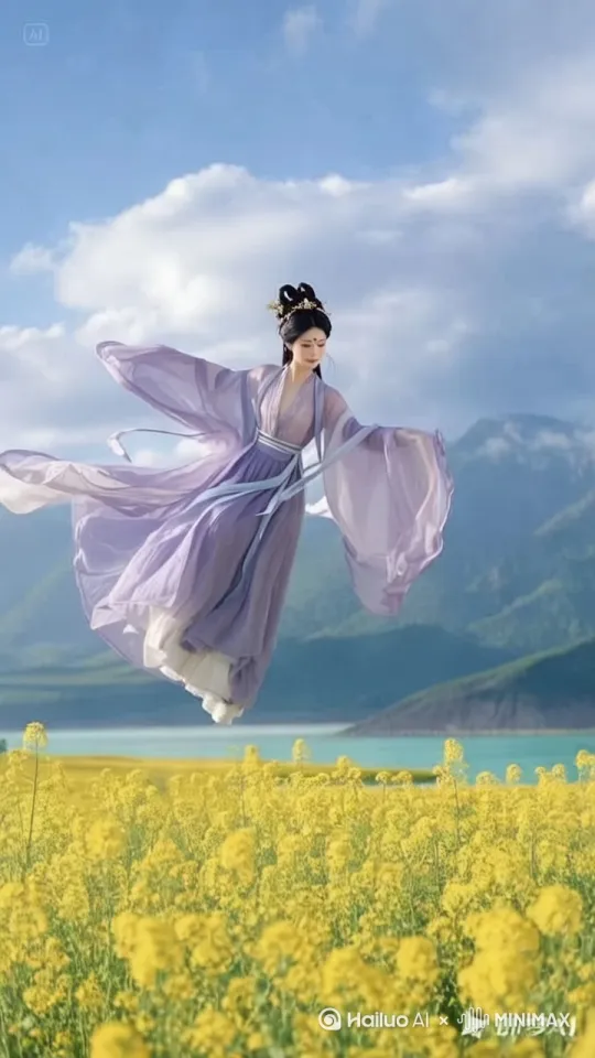 美女悬浮在低空向前飞行。快速向前飞行。都穿越在云海。编辑俯拍捕捉飞行。我跟随。 by Hailuo AI Video Generator