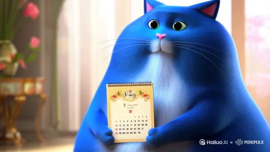 一只蓝色的胖猫拿着星期日的日历，说着距离清明节还有5天 by Hailuo AI Video Generator