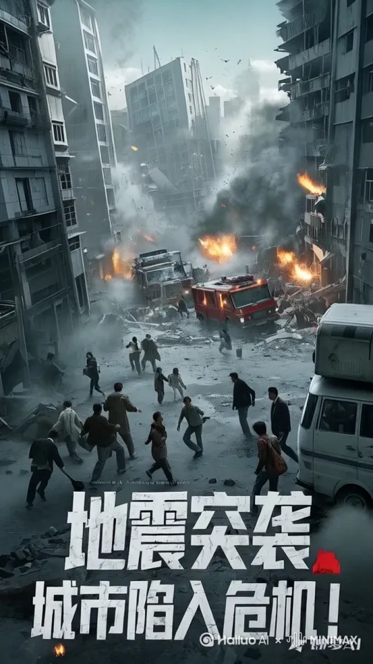 1 全景 城市中突然发生地震，房屋剧烈摇晃，灰尘漫天，人们四处奔逃，建筑物纷纷倒塌，警报声、哭喊声、房屋倒塌声交织在一起 旁白：“地震突袭，城市陷入危机！ by Hailuo AI Video Generator