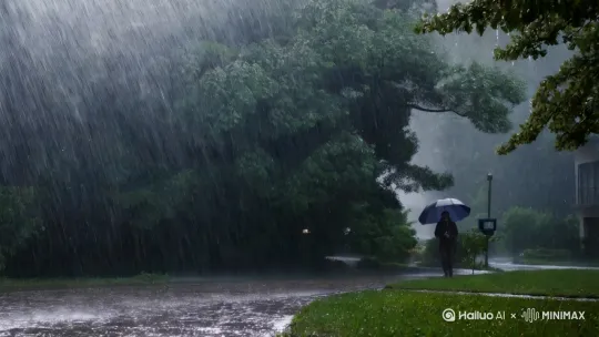 大雨磅礴，大风吹的大树发出呜呜声响。人们打着伞，飞快的往家跑。 by Hailuo AI Video Generator