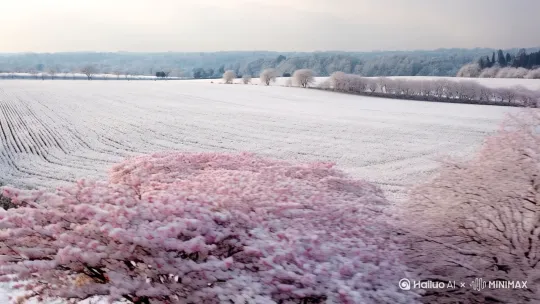 传统文化中的象征意义：
三月下雪被称为“桃花雪”，象征着阴尽阳生的吉祥之兆。桃花是爱情和美好的象征，雪花则代表纯净，二者结合被视为风调雨顺、庄稼丰收的好兆头。在一些地方，传说中这雪是仙女洒下的祝福，能净化浊气，带来生机。同时，三月下雪也被视为阴阳失调的征兆，但这种失衡被认为是暂时的，预示着好运即将到来。[左移,推进,右摇] by Hailuo AI Video Generator