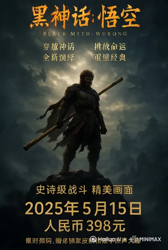 [推出,上升,下摇]让让这张海报的文字逐渐化成沙粒散开。镜头逐渐拉远。人物突然蓄召唤出筋斗云飞出画面。 by Hailuo AI Video Generator