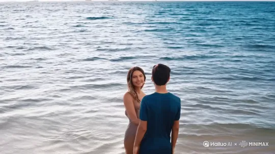 当一个漂亮的女人站在温柔海水[左摇右移]，深情的注视着站在沙滩上年青男子[拉进脸部特写]热恋中的情侣[左摇,变焦推进] by Hailuo AI Video Generator