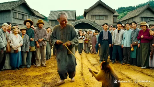 64K超高清真实摄影，超细节，16K超清画质。中景镜头，焦距50mm，生动呈现中国农村村口耍猴场景。画面中心，中国农村那熟悉的村口，地面是黄褐色的泥土地，因常年踩踏变得坚实，一道道车辙与脚印交错其中。一个身着传统粗布麻衣的耍猴人站在那里，衣服颜色暗沉，洗得有些发白，上面还沾着些许泥土污渍，衣角随风飘动。他皮肤黝黑，脸上刻满岁月留下的皱纹，眼神却透着机灵与热情，正专注地操控着手中的绳索，绳索另一端连着一只猴子。 猴子浑身毛色棕黄，毛发略显杂乱却不失灵动，眼睛圆溜溜的，透着一股狡黠劲儿。它时而在耍猴人身边蹦跳，时而做出各种滑稽动作，引得众人阵阵欢笑。猴子身上穿着一件小小的彩色衣服，衣服边角有些磨损，看起来已穿了许久。 周围围满了前来围观的村民。他们穿着质朴，有老人戴着破旧的毡帽，脸上带着慈祥的笑容；年轻人穿着简约的现代服饰，眼中满是好奇与兴致；孩子们则兴奋地在人群中钻来钻去，脸上洋溢着纯真的笑容，手中还拿着自制的小零食。人群的身后，是错落有致的农舍，屋顶的瓦片层层叠叠，有些瓦片边缘已破损，烟囱里正冒着袅袅炊烟，缓缓升入湛蓝的天空。村口一旁，几棵粗壮的老树静静伫立，树枝上挂着一些秋收后闲置的农具，在微风中轻轻晃动。整个场景充满了浓郁的乡村生活气息，人们在轻松愉悦的氛围中享受着这场耍猴表演，呈现出一幅热闹且充满烟火气的乡村画面。 by Hailuo AI Video Generator