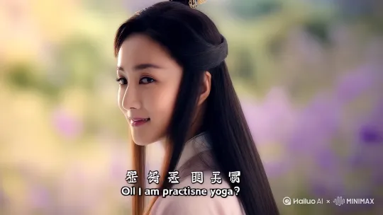 古代美女白素贞回头，露出一张倾国倾城的脸娇滴滴地说到："哎呀，人家在练瑜伽啦~" by Hailuo AI Video Generator