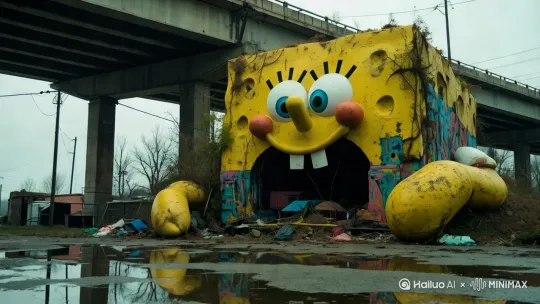 Filip Hodas Style, A colossal yellow cartoon sponge character head rests beneath a graffiti-covered highway overpass. Urban vegetation grows through cracks in its fiberglass surface while homeless encampments have formed in its protective shadow. Its faded blue eyes stare blankly across the abandoned industrial zone where puddles reflect the structure's surreal presence. Cables and pipes protrude from its deteriorating back section as though revealing the infrastructure of a forgotten entertainment complex.[推进,上升] by Hailuo AI Video Generator