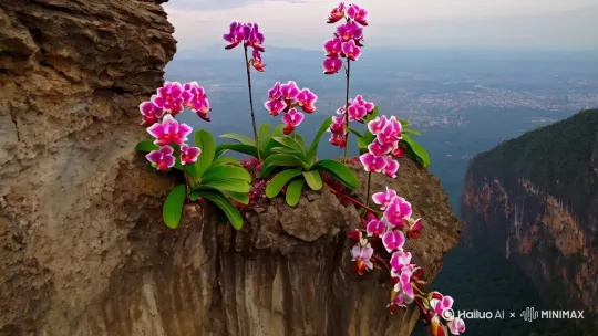 洛比蝴蝶兰生长在陡峭的悬崖峭壁边上，可以看到悬崖下面的风景，洛比蝴蝶兰要一棵有四个杆子，杆子开满花，花开的很茂密，拍照的位置不要太近 by Hailuo AI Video Generator