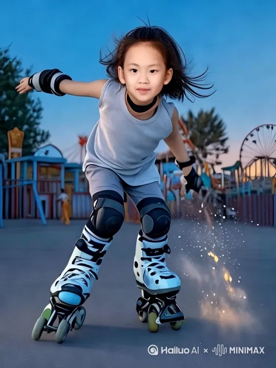 摆臂、两脚交替向前滑行。镜头后拉跟随。 by Hailuo AI Video Generator