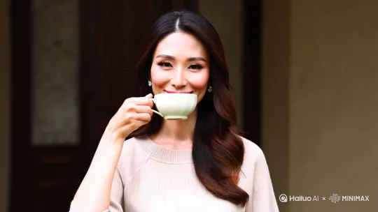 独居女性持茶杯微笑的坐在高高的阳台上喝着茶，镜头逐渐拉远旋转展示原始森林的优美环境，画面色调自然 by Hailuo AI Video Generator