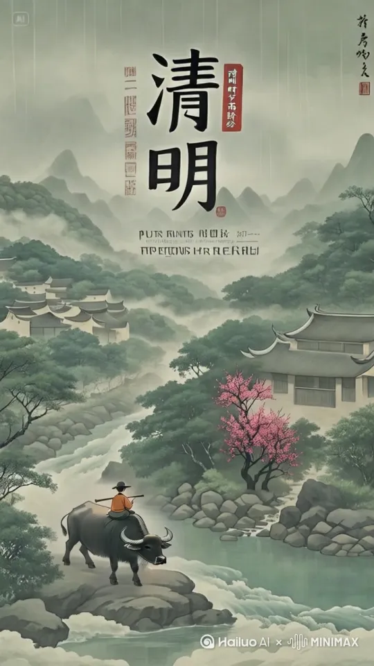 细雨轻轻落下，水面上溅起一个个涟漪，水牛在悠然自得地点头。以牧童和水牛为中心，上扬运镜[跟随,推进,上升] by Hailuo AI Video Generator