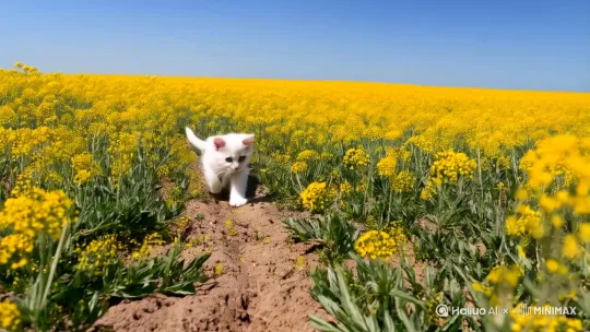 一只小猫咪在油菜花田奔跑 by Hailuo AI Video Generator