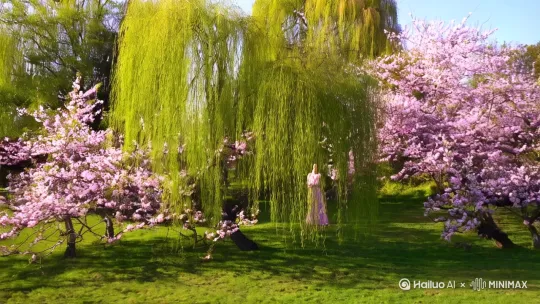 一桃红柳绿，生气盎然，一位美丽，俊俏美女，尽情的唱歌跳舞。 by Hailuo AI Video Generator