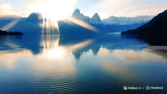 翡翠湖心"
 
视觉：雪山倒影湖面，晨雾形成耶稣光柱，游鱼群呈螺旋轨迹
 
交互设计：虚拟观者倒影产生水波扰动
 
声景：水面涟漪声采样+降噪环境音 by Hailuo AI Video Generator