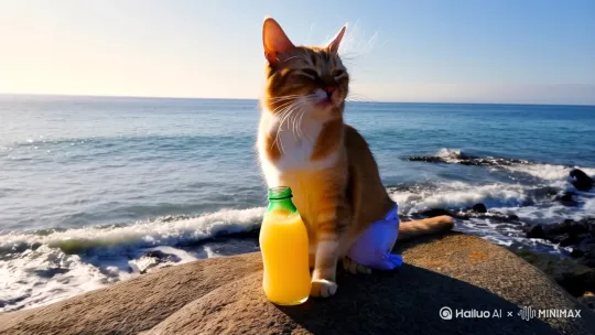 海边猫咪喝果汁，享受宁静时光
海边的猫咪悠闲地喝着果汁，你有没有想过，它在想什么？海风轻轻吹动身上的毛发，猫咪坐在石头上，脸上的毛发在风中轻轻不停地飘拂着，身上的衣服也在风中吹动轻微有动感。猫咪的头轻轻转过右边一点点，略微睁开眼睛一条缝瞄一眼，好像在观察周围的一切，又好像在享受这一刻的宁静。

猫咪的右手轻轻抓起果汁瓶，放嘴边用力喝了一口，有吞咽动作和腹部衣服有动感。喝完后，它再放下瓶子，然后恢复初前的动作，继续任由风吹动毛发。这一刻，猫咪仿佛与世隔绝，沉浸在自己的世界里，享受着这份难得的宁静和自在。

其实啊，猫咪的这种悠闲状态，也是我们每个人内心深处的渴望。忙碌的生活让我们常常忽略了身边的美好，忘记了停下来感受生活的细节。有时候，一杯果汁，一阵海风，就能让我们的心灵得到极大的放松和满足。你是不是也有过这样的时刻，坐在海边，感受着微风拂面，心里充满了平静和幸福。[左摇] by Hailuo AI Video Generator
