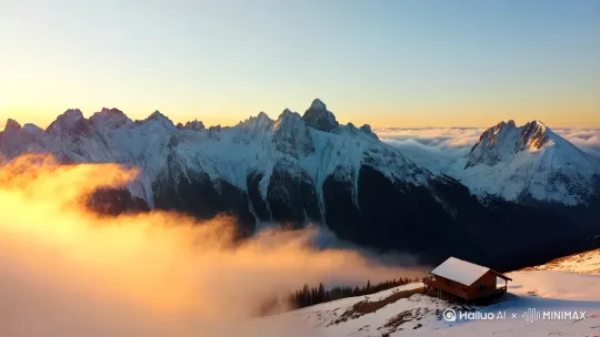 清晨，雪山在日出的光芒中闪耀，云海翻涌，木屋静谧地坐落在山间。[推出,上升,下摇] by Hailuo AI Video Generator
