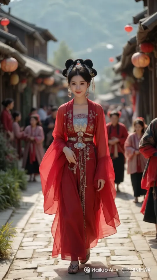 "古风唯美视频片段，一位穿着华丽红色汉服的美女漫步在古色古香的石板街上，周围人群同样身着传统服饰，热闹非凡。街道两旁红灯笼高挂，映衬着远处青翠山峦，构成一幅生动的古代市井画卷。女子的服饰上绣有繁复细腻的图案，金线银丝闪烁着光芒。温暖的阳光穿透云层，洒在古街，营造出温馨而祥和的氛围。镜头采用流畅的跟随拍摄手法，捕捉美女轻盈的步伐。突然，美女轻盈地向前迈出两步，双臂展开，仿佛被一阵无形的风托起，缓缓上升，如同仙女般在空中盘旋一圈，最终优雅地落在屋顶瓦片之上，整个动作宛如行云流水，美不胜收。" by Hailuo AI Video Generator