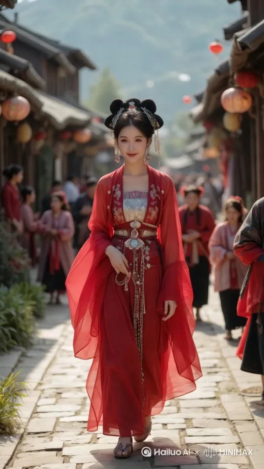 "古风唯美视频片段，一位穿着华丽红色汉服的美女漫步在古色古香的石板街上，周围人群同样身着传统服饰，热闹非凡。街道两旁红灯笼高挂，映衬着远处青翠山峦，构成一幅生动的古代市井画卷。女子的服饰上绣有繁复细腻的图案，金线银丝闪烁着光芒。温暖的阳光穿透云层，洒在古街，营造出温馨而祥和的氛围。镜头采用流畅的跟随拍摄手法，捕捉美女轻盈的步伐。突然，美女轻盈地向前迈出两步，双臂展开，仿佛被一阵无形的风托起，缓缓上升，如同仙女般在空中盘旋一圈，最终优雅地落在屋顶瓦片之上，整个动作宛如行云流水，美不胜收。" by Hailuo AI Video Generator