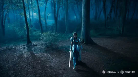镜头一开始俯拍一片神秘的林中空地，一位身着盔甲的女战士独自站在空地中央她的盔甲在月光下闪烁着银色的冷光，周围的树木投下斑驳的阴影。镜头开始缓缓下降，并围绕她盘旋，随着视角的变化，可以看到她手中的长剑在微微颤抖，剑身镜头继续环绕，上还残留着未干的血迹，从侧面滑过，逐渐拉近，捕捉到她坚定的侧脸。可以看到她微微咬紧的下唇，脸上几缕散落的头发被汗水浸湿，贴在额头上。随着镜头绕到她的正面，画面变得更加紧凑，焦点逐渐集中在她的脸上。此时，背景中的森林已经模糊成一片黑影。镜头最终停在了她的正面特写，聚焦在她锐利的眼睛上。月光打在她的脸上，勾勒出她脸上的每一个细节。 by Hailuo AI Video Generator