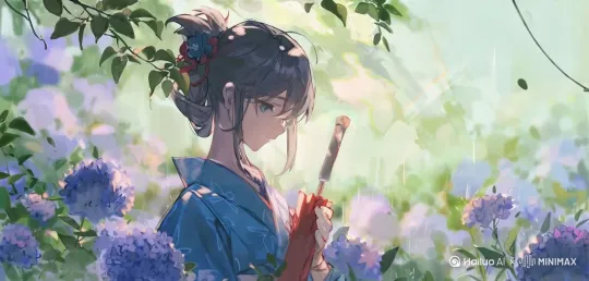 一位身穿传统服饰的女孩站在花丛中，手持一把伞，周围环绕着盛开的花朵和绿叶。她的头发上装饰着精美的花卉饰品，眼神温柔而深邃，仿佛在诉说着一个古老的故事。背景中的色彩柔和且充满生机，营造出一种宁静而又神秘的感觉，要日漫风格 by Hailuo AI Video Generator