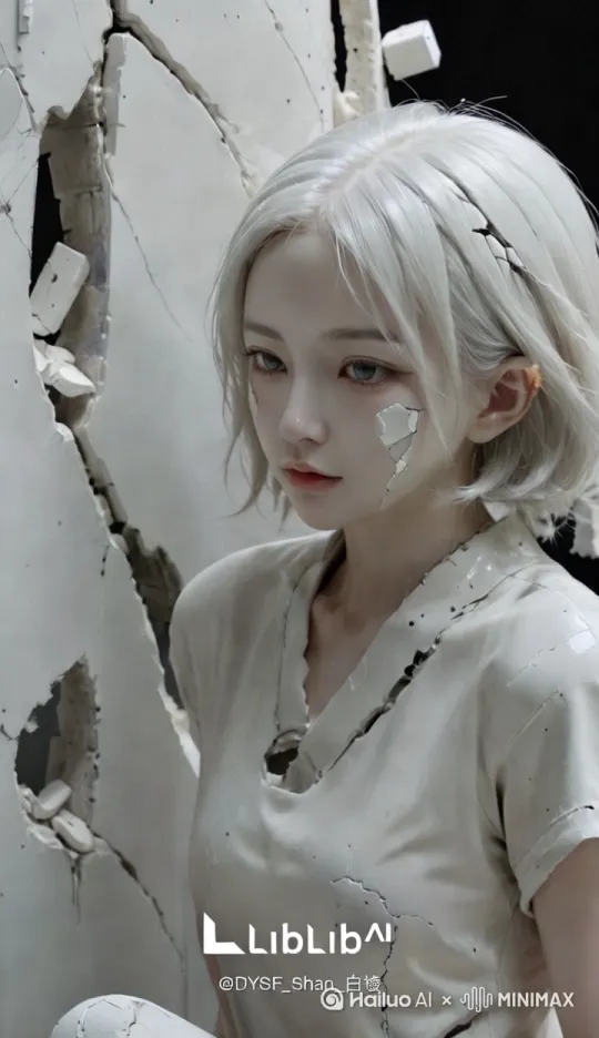 模特用力挣脱了身上的水泥束缚，露出雪白的双肩。 by Hailuo AI Video Generator