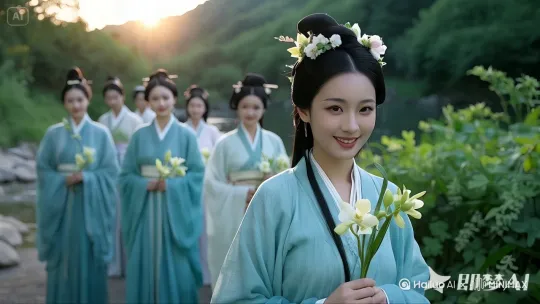 花枝随风轻轻摆动，女子大步往前，边欣赏美景边说着什么，摄像机跟随拍摄，画面随之改变，然后镜头逐渐拉远，画面温馨美好 by Hailuo AI Video Generator